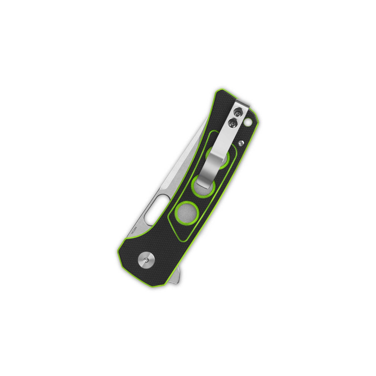 Closed QSP Unicorn pocket knife with black G10 handle and neon green accents