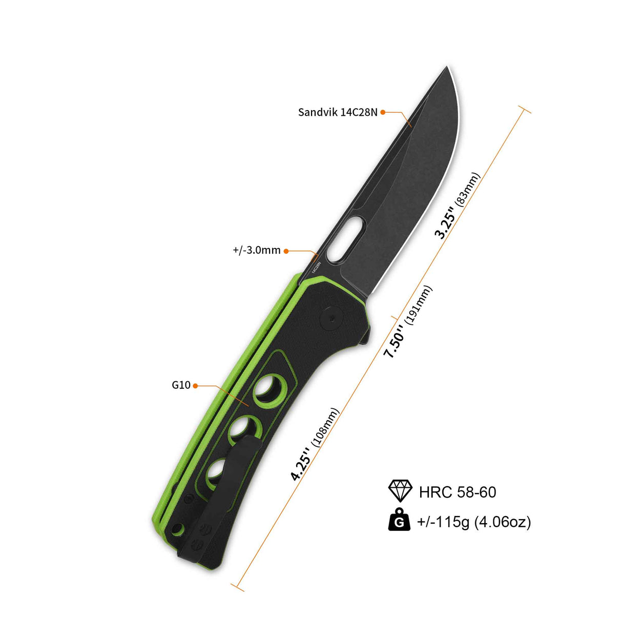 QSP Unicorn pocket knife with drop point blade and neon green G10 handle details