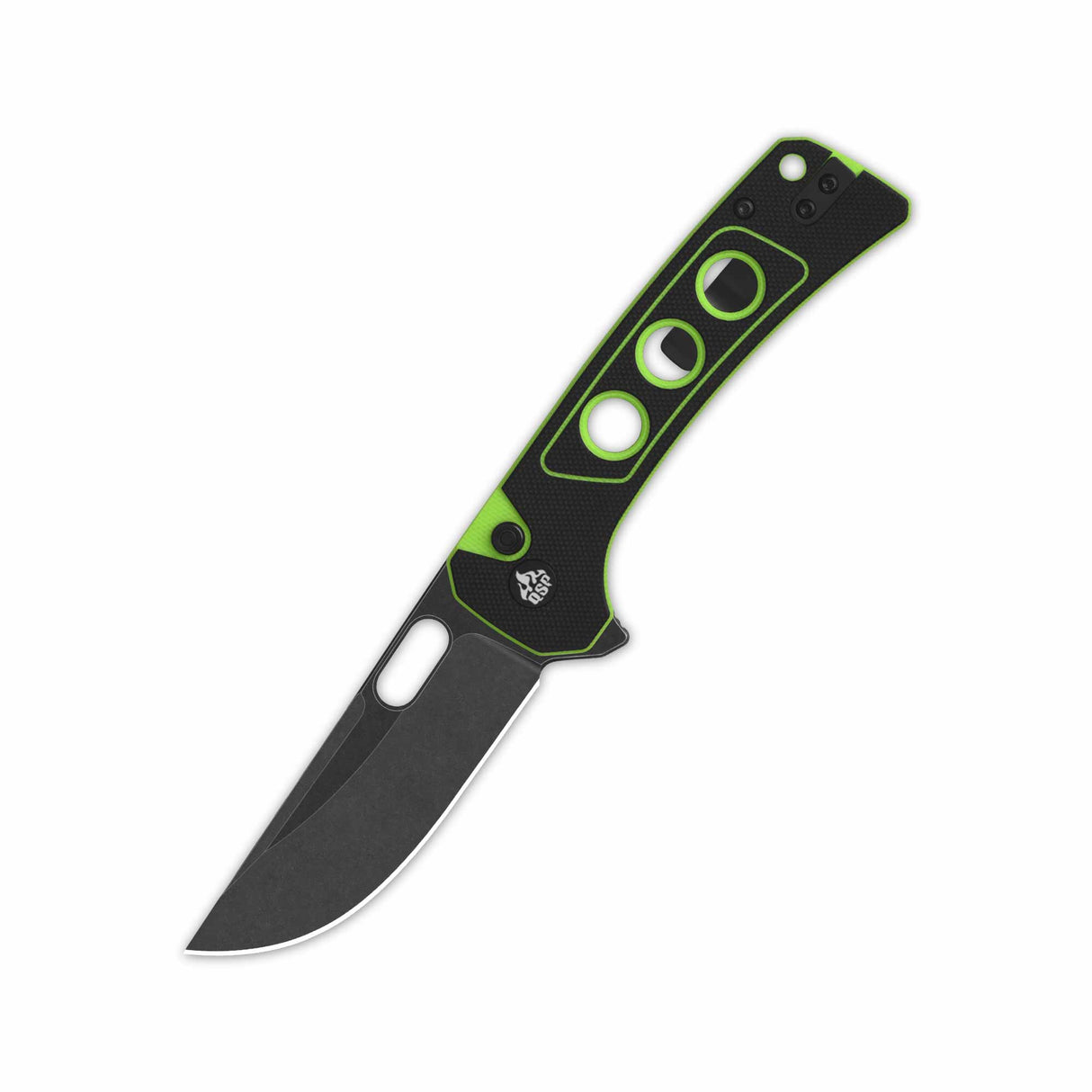 QSP Unicorn pocket knife with drop point blade and black G10 handle featuring neon green accents