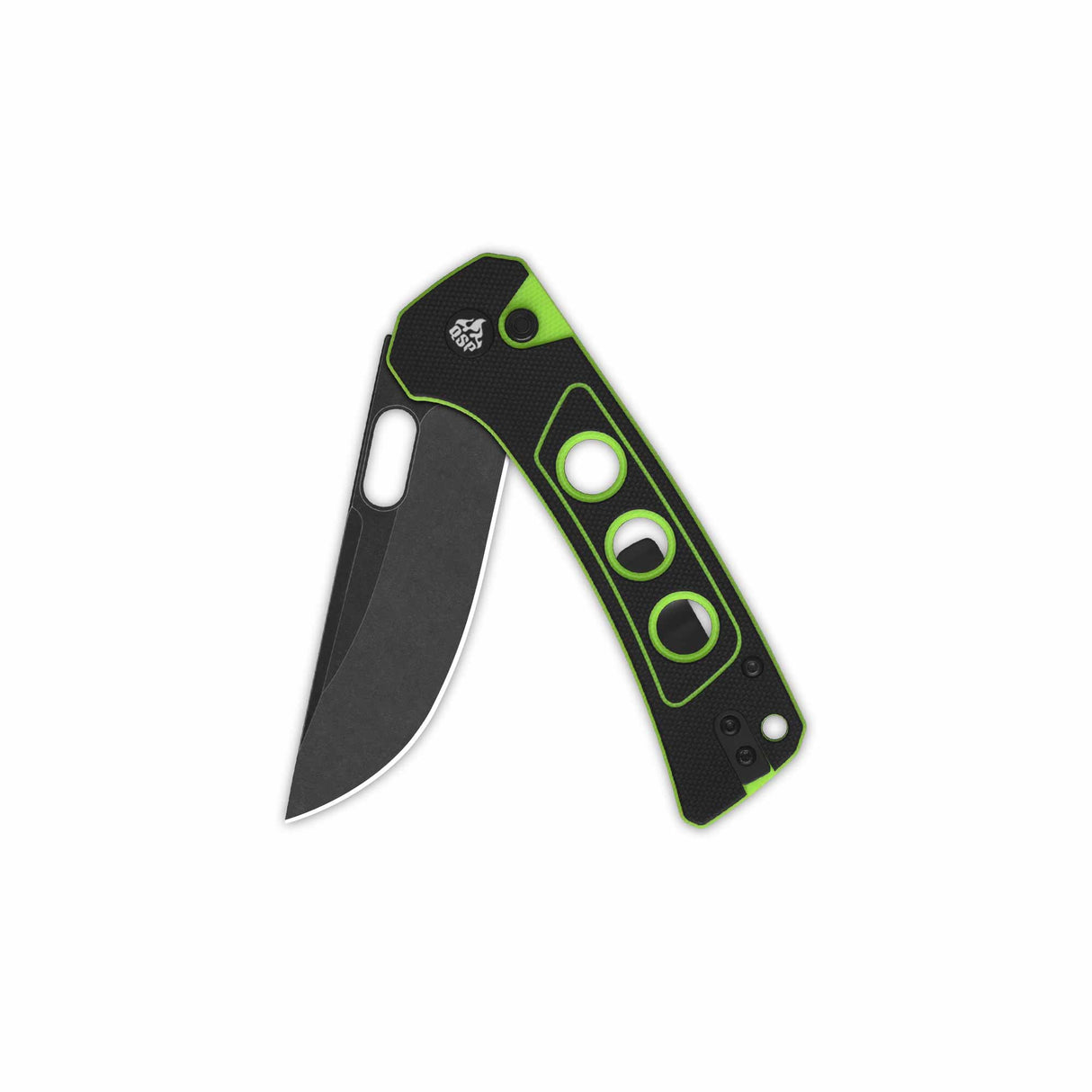 Closed QSP Unicorn pocket knife with black G10 handle and neon green accents