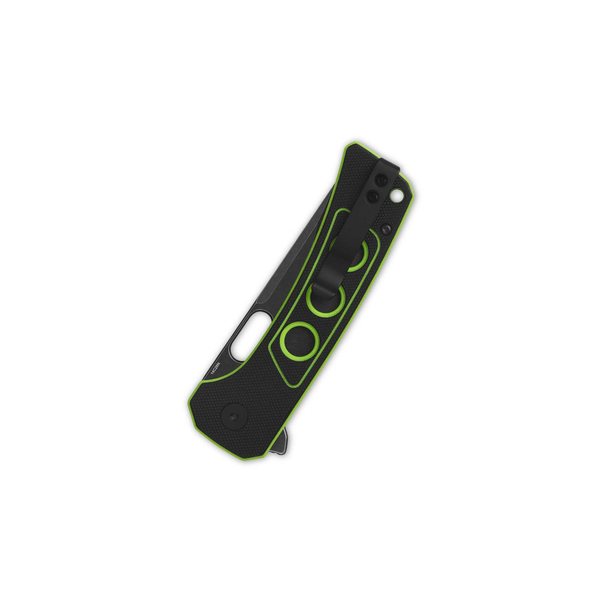 Closed QSP Unicorn pocket knife with black G10 handle and neon green details