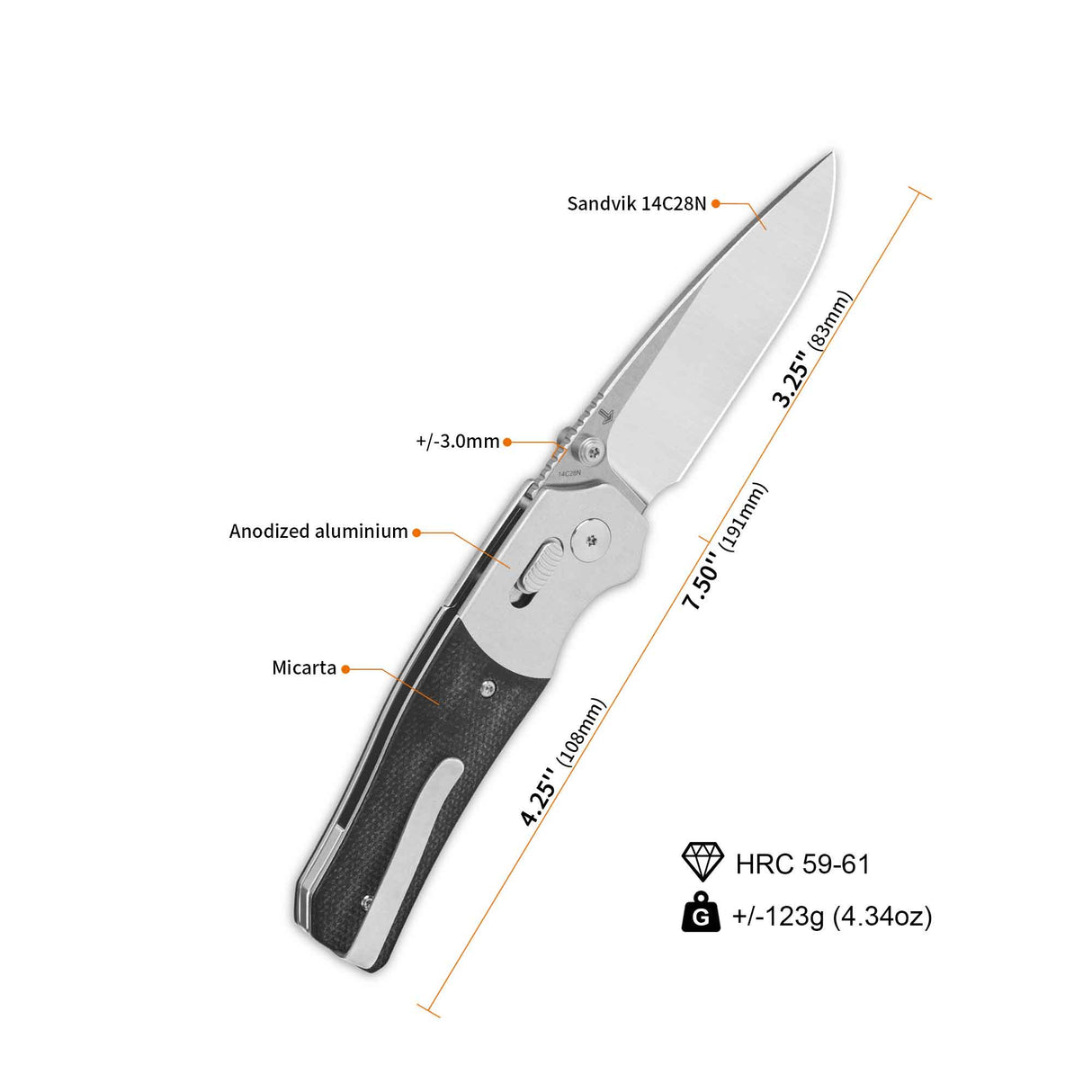 QSP Vault pocket knife specifications with 14C28N blade and black micarta handle