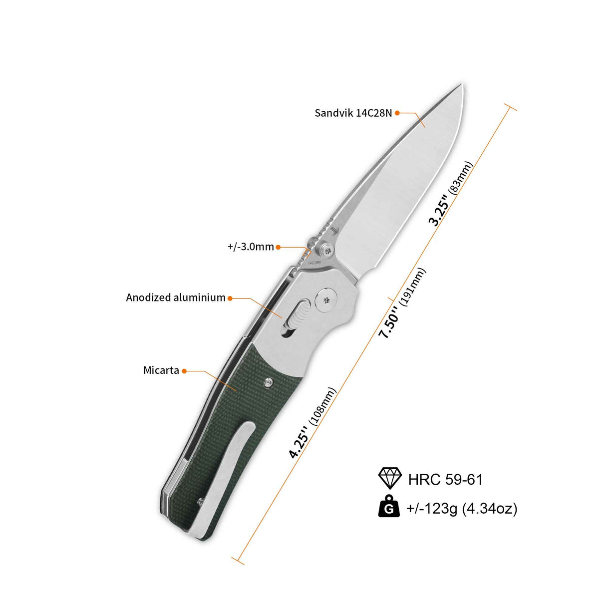 QSP Vault pocket knife specifications with green micarta handle and 14C28N blade