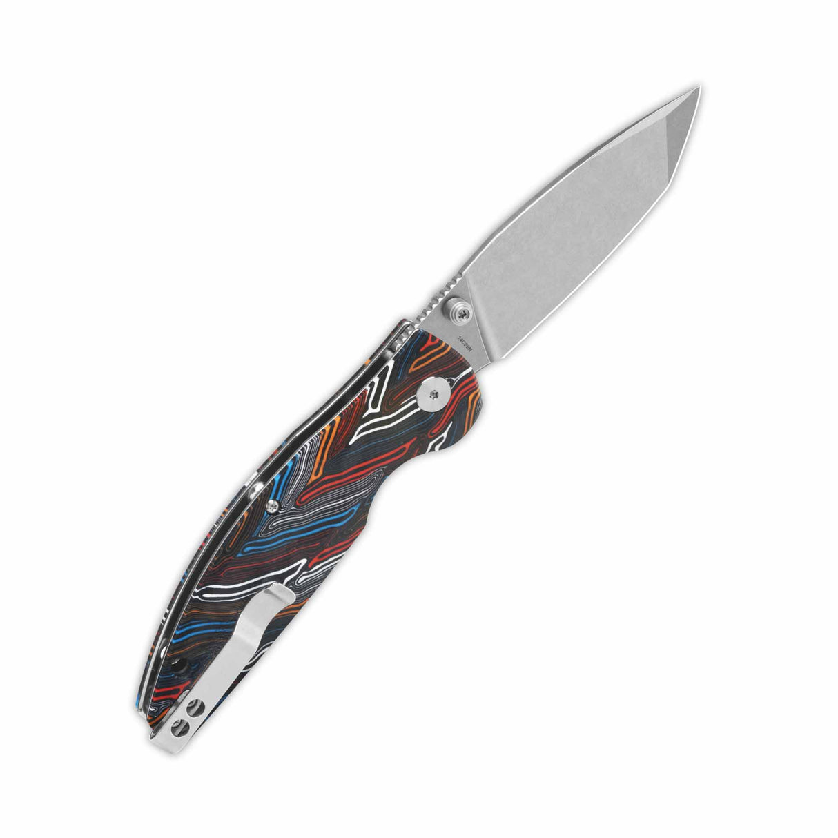 Colorful G10 handle of QSP Turtle Punk pocket knife with stonewashed tanto blade.