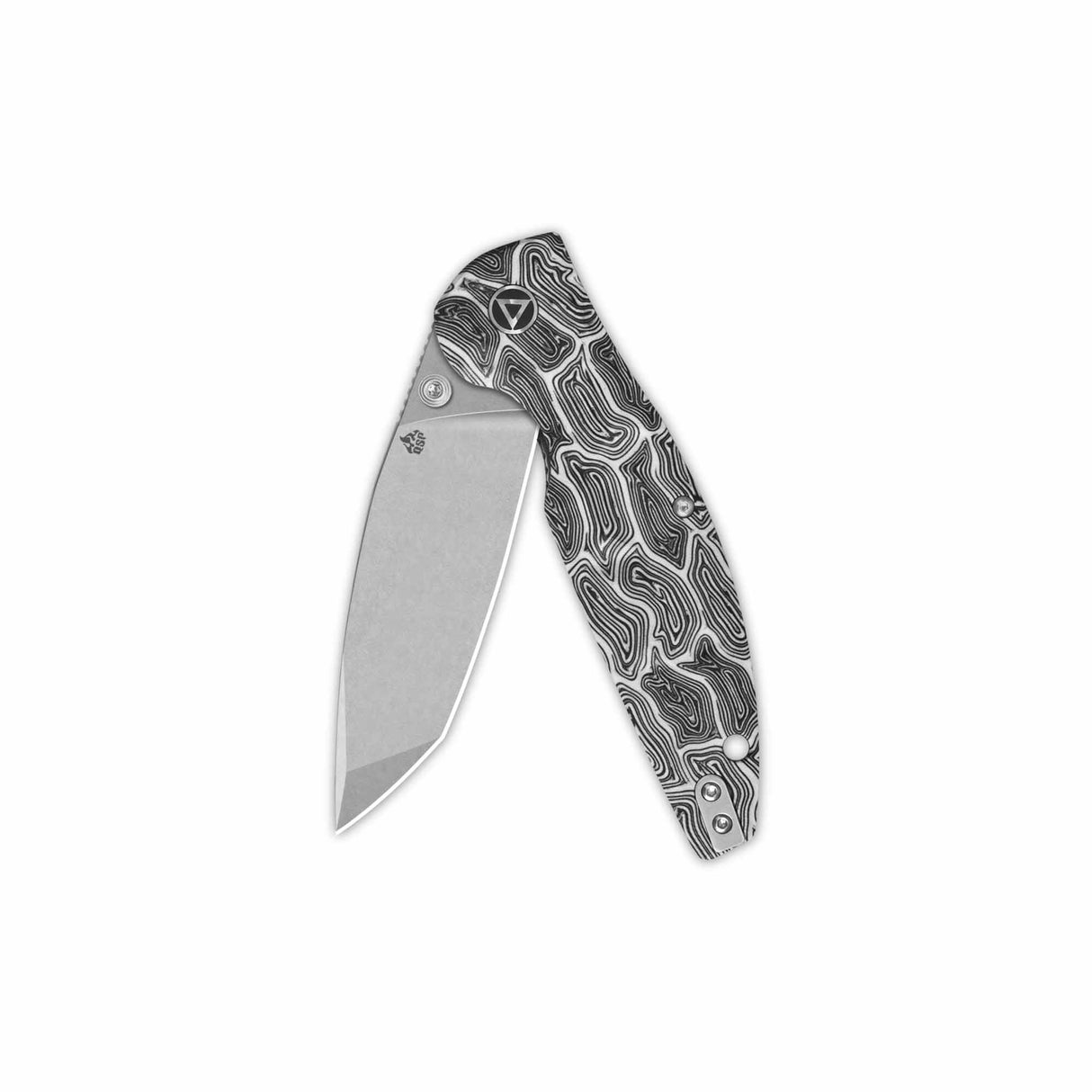 QSP Turtle Punk pocket knife with stonewashed blade and intricate black/white patterned handle.