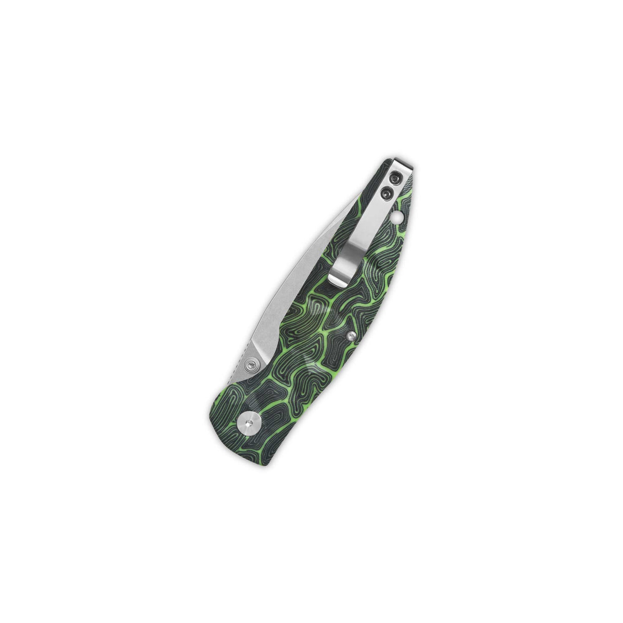 Black and green G10 handle of QSP Turtle Punk pocket knife with stainless steel clip