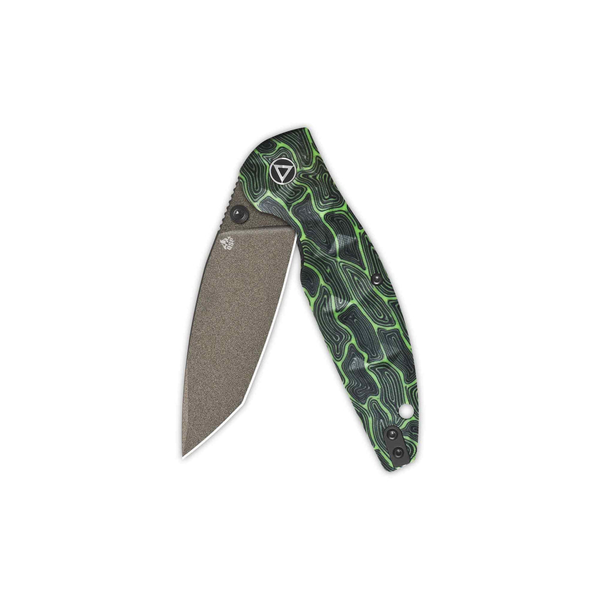 Closed QSP Turtle Punk pocket knife featuring black/green G10 handle and tanto blade.