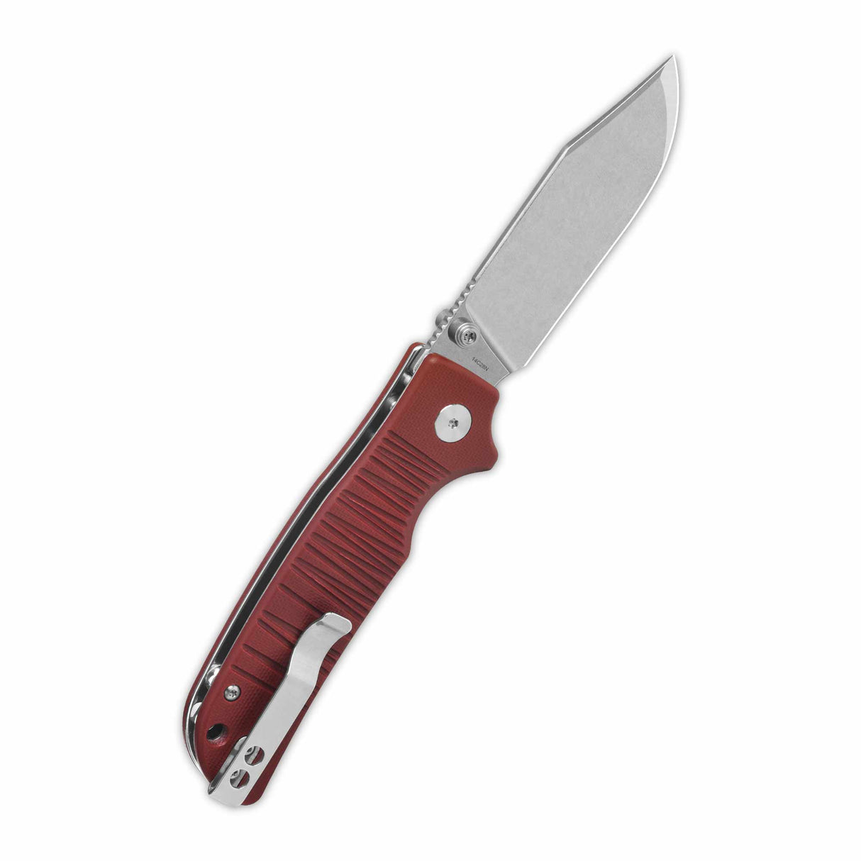 Kali pocket knife with dark red G10 handle and stonewashed 14C28N clip point blade.