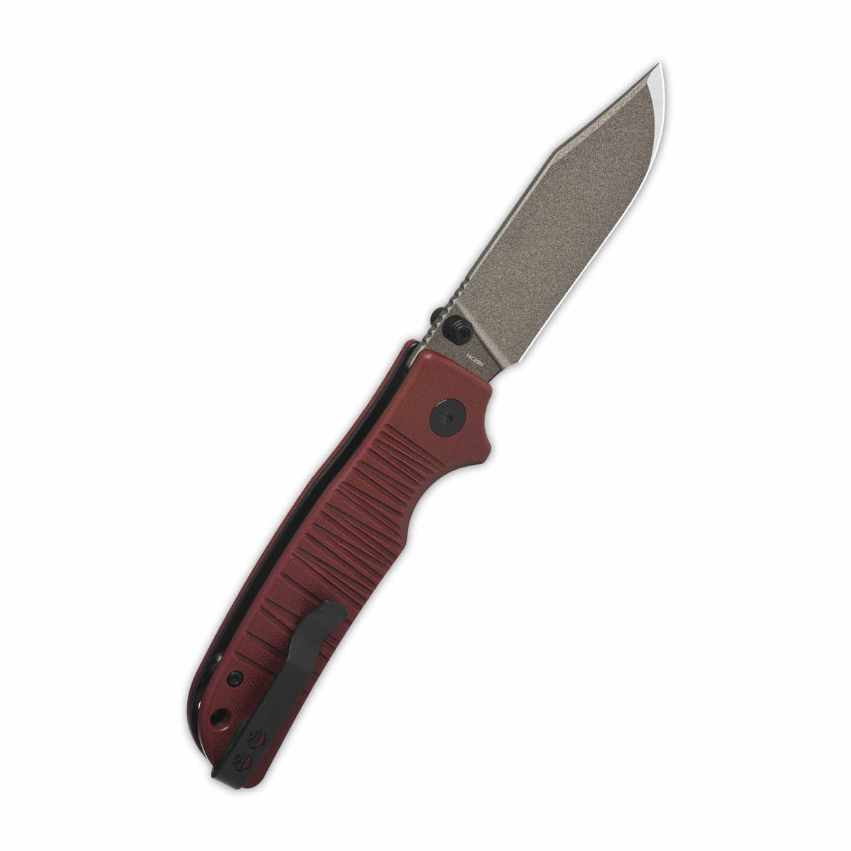Kali pocket knife with clip point blade and dark red G10 handle, button lock mechanism.
