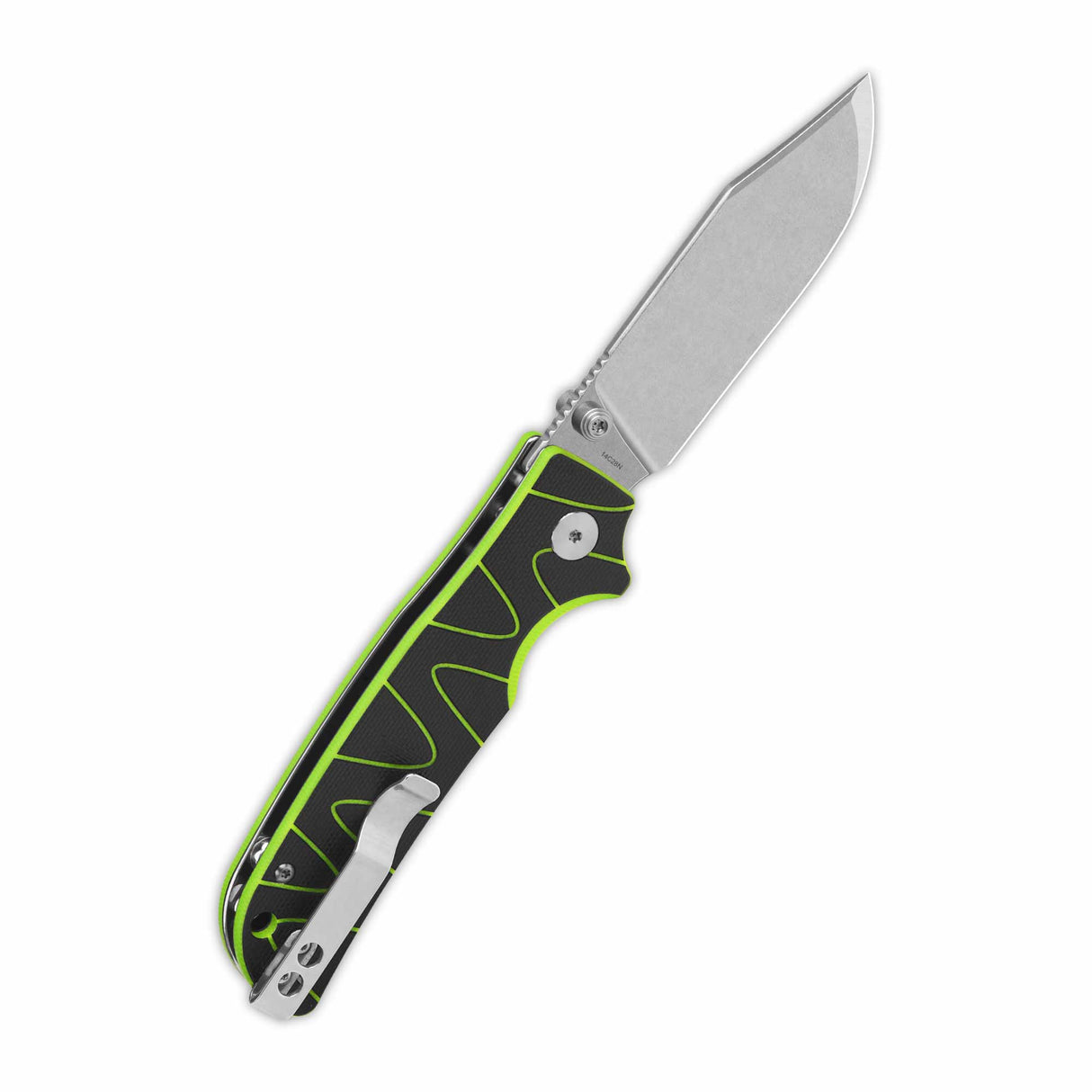 QSP Kali pocket knife with black/neon G10 handle and clip point 14C28N blade