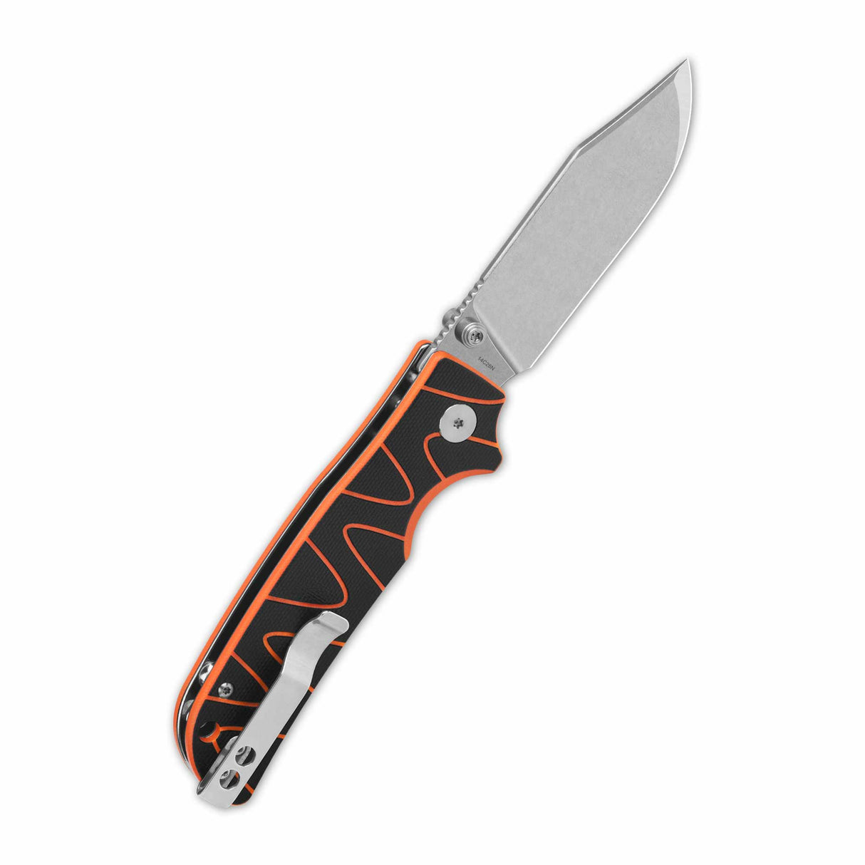 QSP Kali pocket knife with stonewashed 14C28N blade and G10 black/orange handle