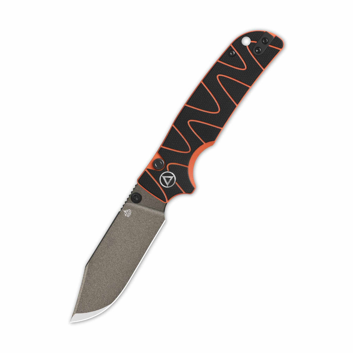 QSP Kali pocket knife with black and orange G10 handle and clip point blade.