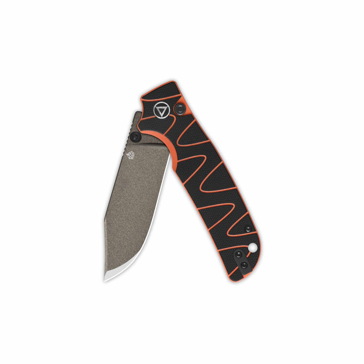 QSP Kali Pocket Knife with button lock, black/orange G10 handle and clip point blade.