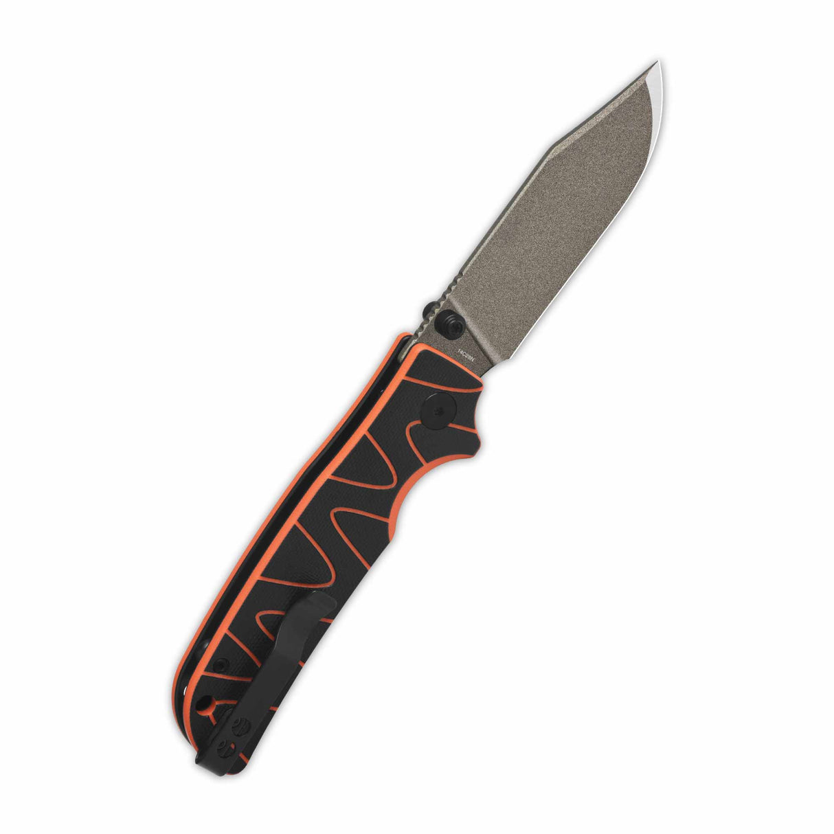 QSP Kali pocket knife with clip point blade and black/orange G10 handle.