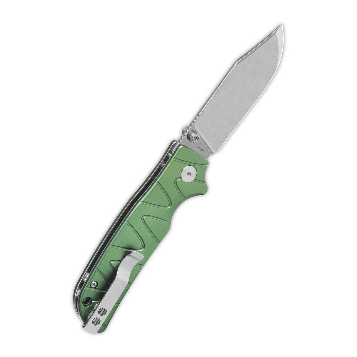 Green aluminum handle QSP Kali pocket knife with a clip point 14C28N blade.