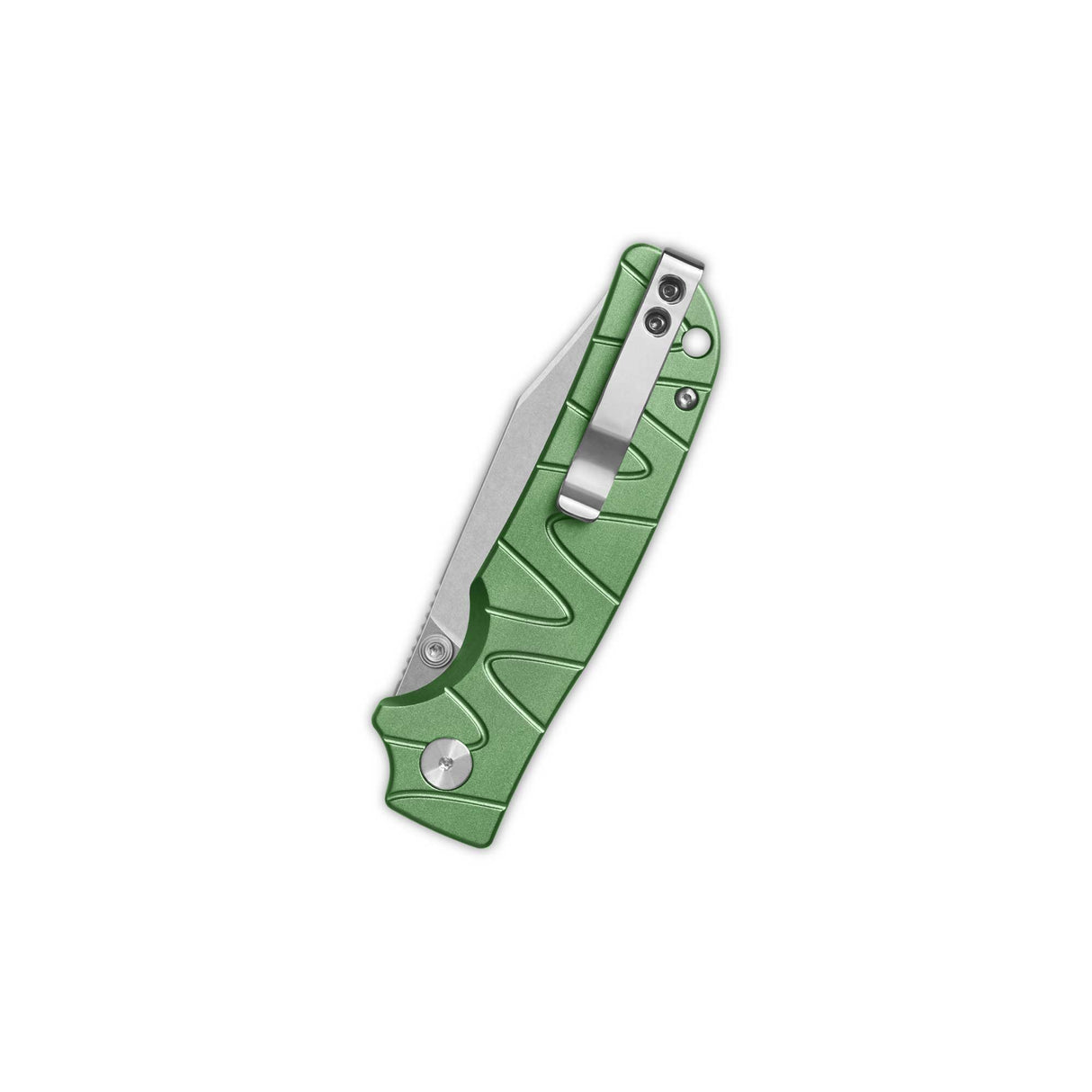 Kali Button Lock Pocket Knife with green aluminum handle and stonewashed blade