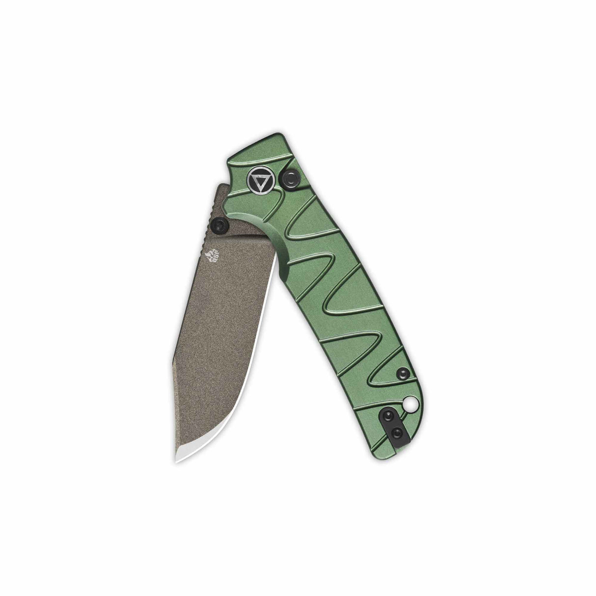 Kali Button Lock Pocket Knife with olive green aluminum handle and clip point blade