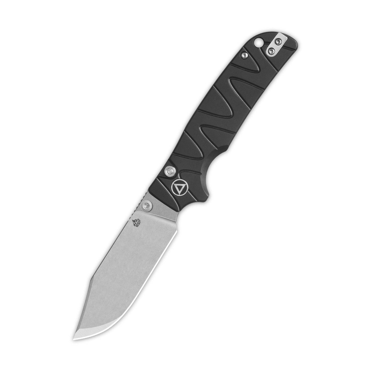 QSP Kali Button Lock Pocket Knife with black aluminum handle and clip point blade
