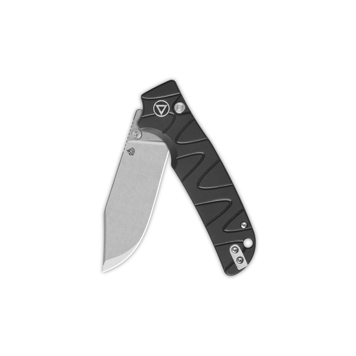 Kali pocket knife featuring a stonewashed 14C28N blade and ergonomic black aluminum handle.