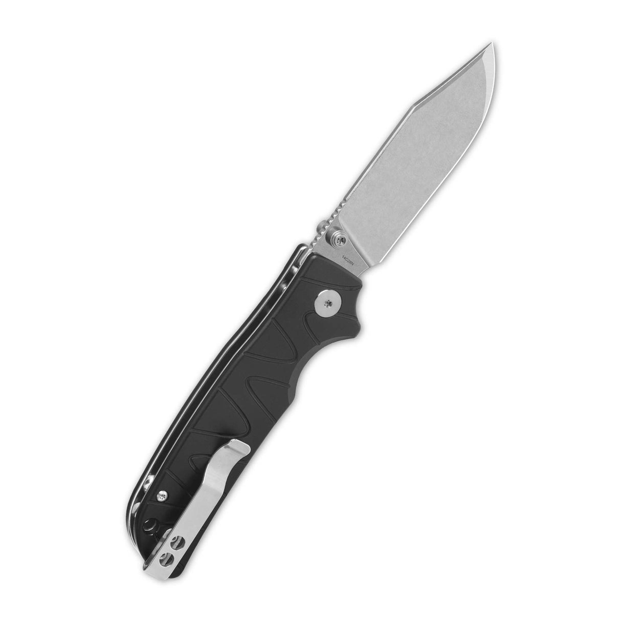 QSP Kali pocket knife with sleek black aluminum handle and clip point blade.