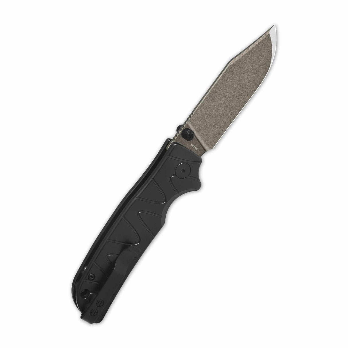 Folded QSP Kali pocket knife with clip point blade and black aluminum handle.