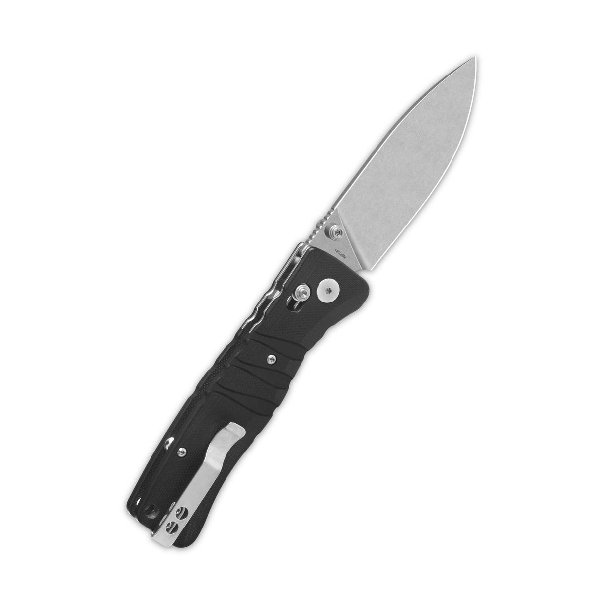 QSP Ripley pocket knife open with stonewashed blade and black G10 handle.