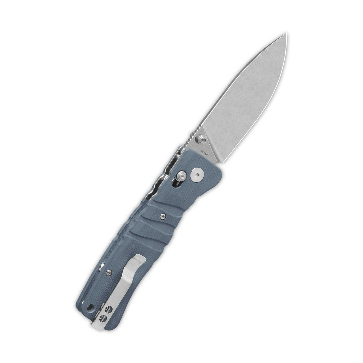 QSP Ripley pocket knife with stonewashed blade and gray G10 handle, open position