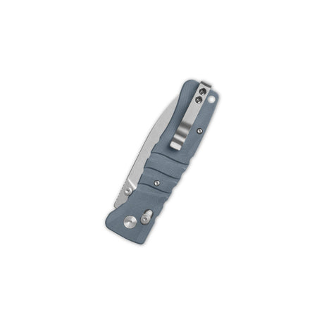 Folded QSP Ripley pocket knife with gray G10 handle and drop point blade