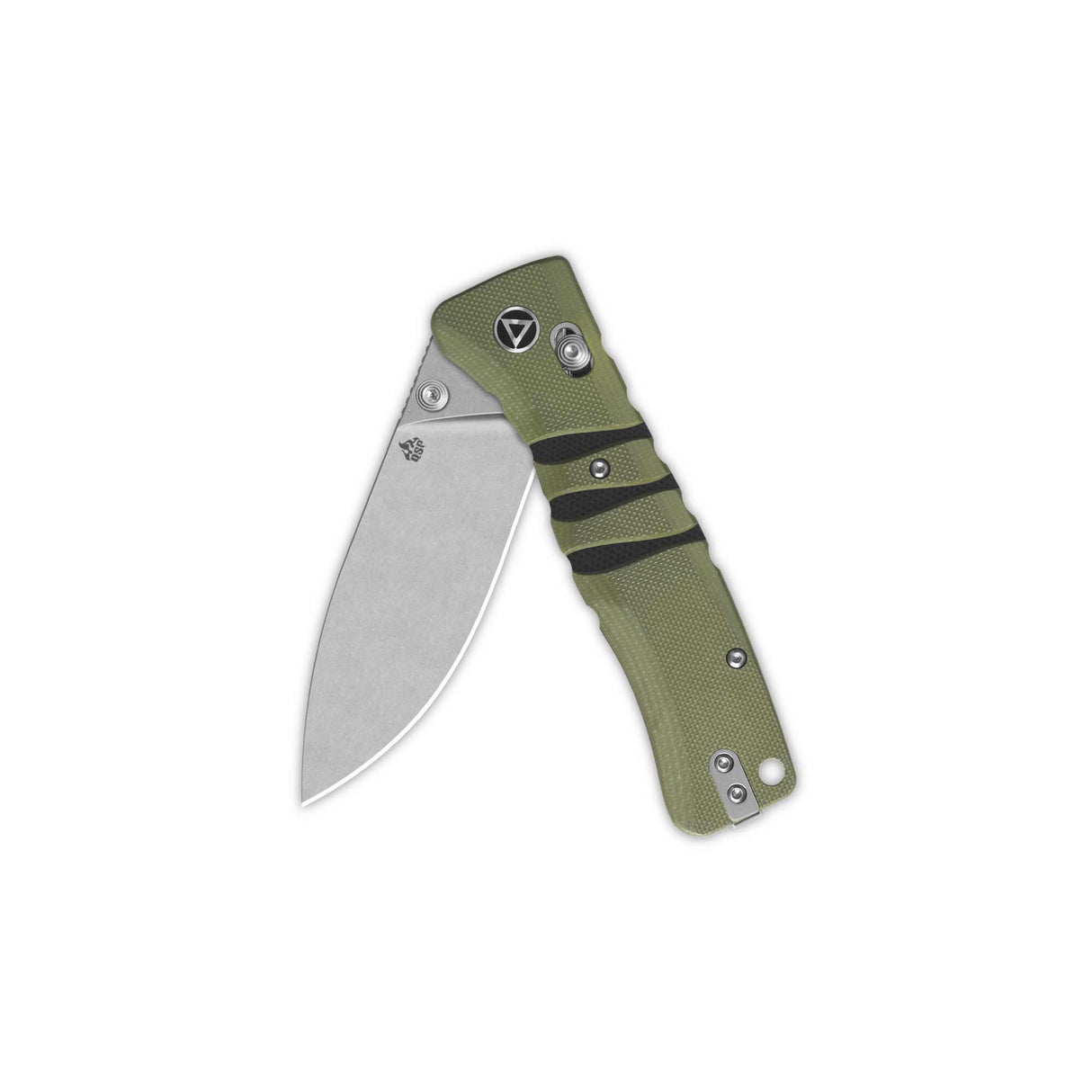 QSP Ripley folding pocket knife with green G10 handle and stonewashed blade.