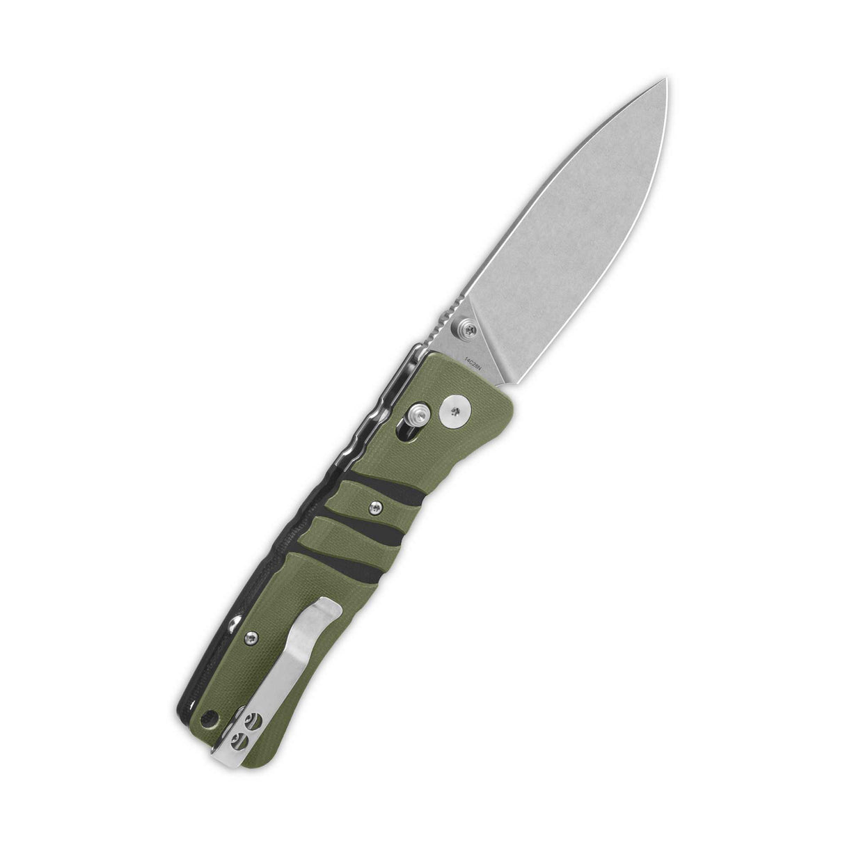 QSP Ripley pocket knife with green G10 handle and stonewashed drop point blade.
