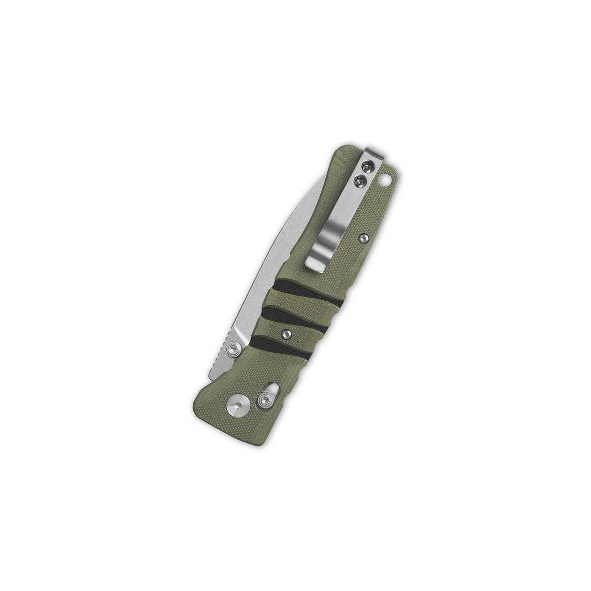 Closed QSP Ripley pocket knife with green G10 handle and stainless steel blade.