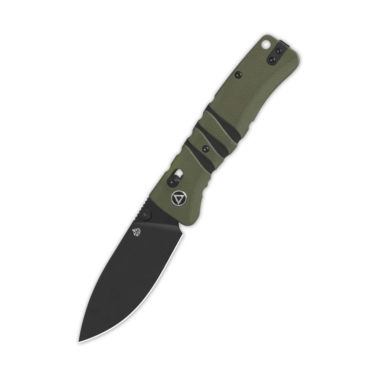 QSP Ripley pocket knife, black 14C28N blade, green/black G10 handle.