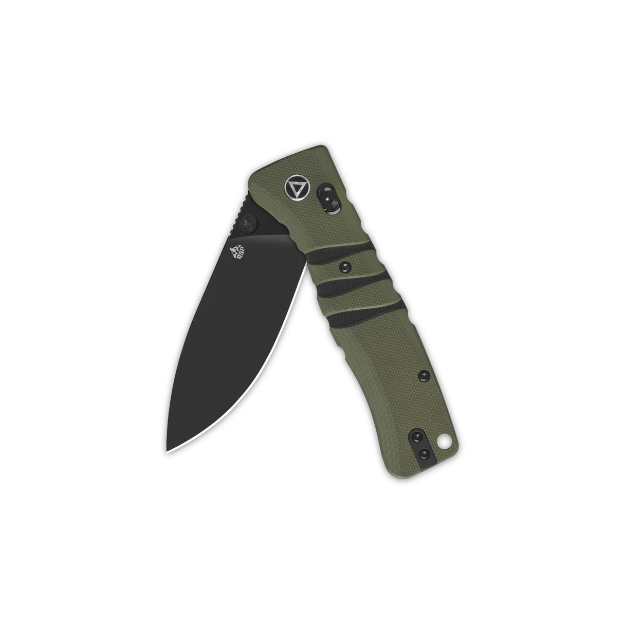 QSP Ripley pocket knife with black blade and green G10 handle, partially open.