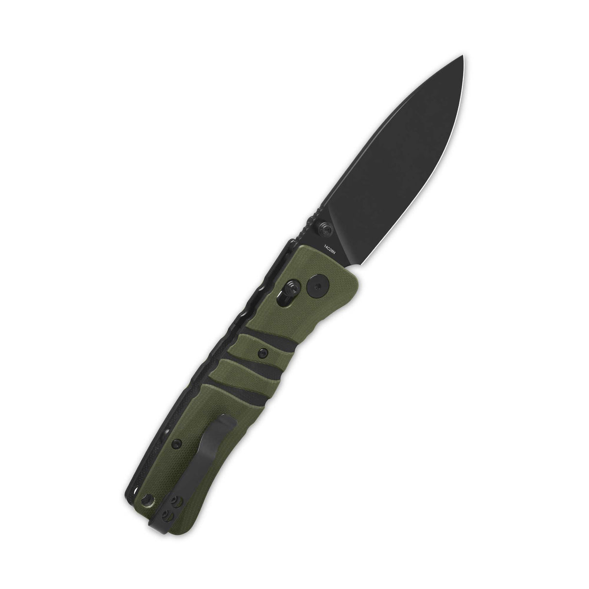 QSP Ripley pocket knife with black blade and green G10 handle, fully open.