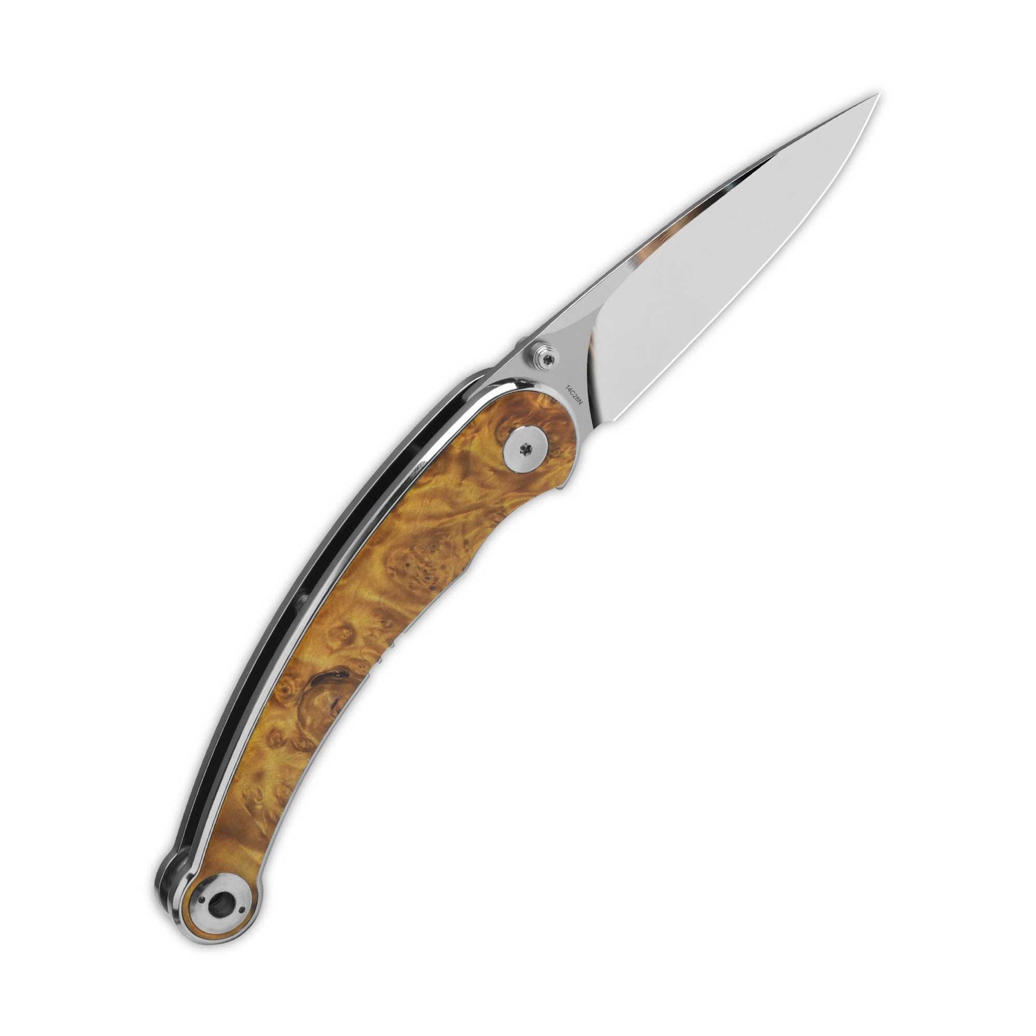 QSP Dolphin pocket knife with polished 14C28N blade and rich wood handle