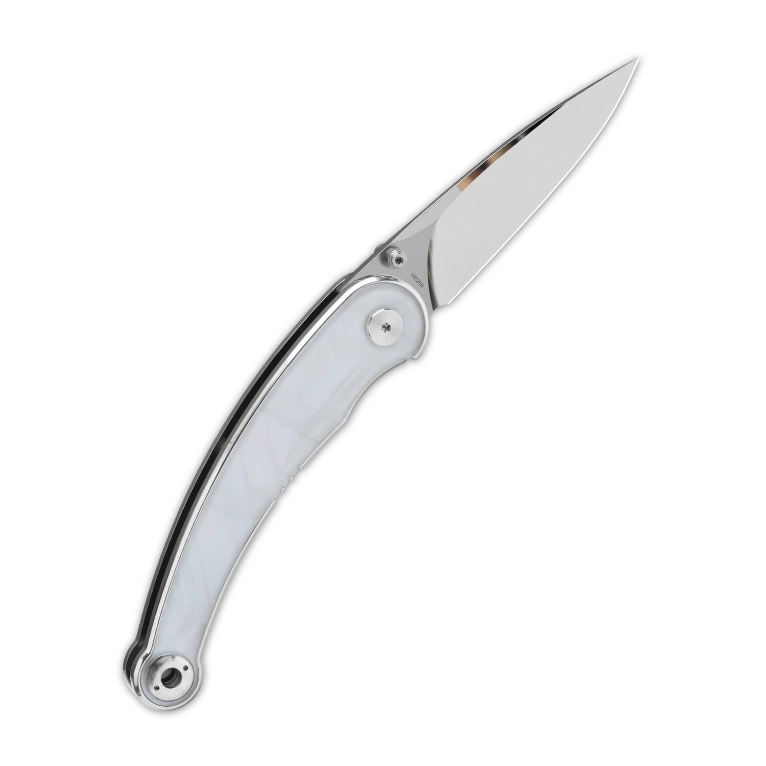 QSP Dolphin pocket knife with sleek white pearl shell handle and sharp 14C28N blade