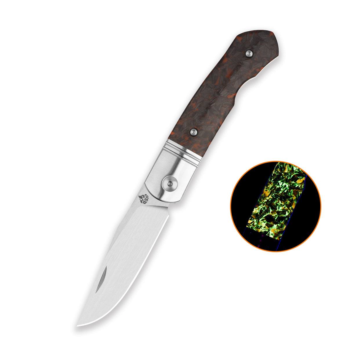 QSP Heron Slip Joint Pocket Knife Nitro V blade Glow-in-the-Dark Orange Shredded CF Handle