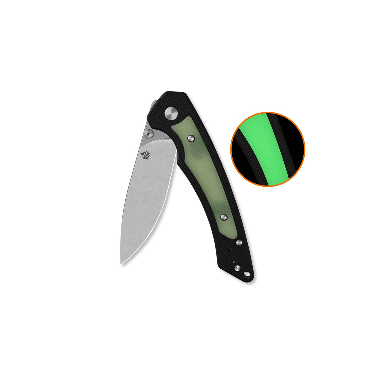 QSP Peregrine Liner Lock Pocket Knife 10Cr15MoV blade Black G10 with Glow-in-the-Dark G10 inlay handle