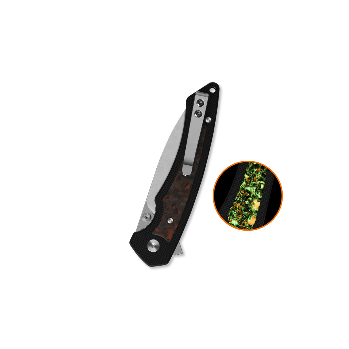 QSP Peregrine Liner Lock Pocket Knife 10Cr15MoV blade Black G10 with Glow-in-the-Dark Orange Shredded CF inlay handle