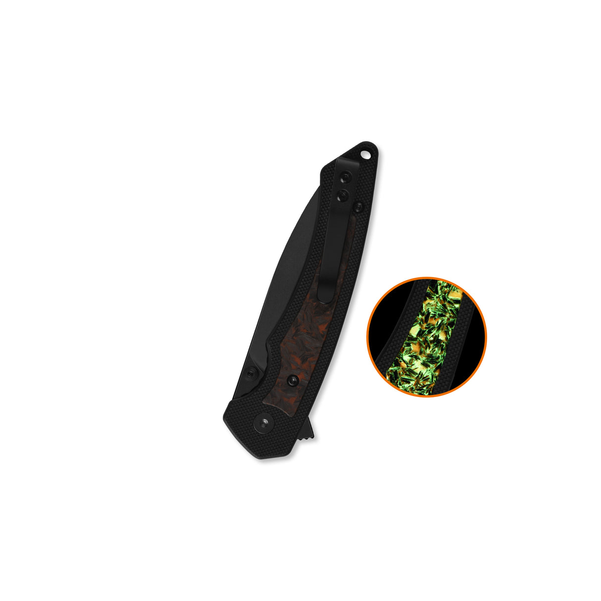QSP Peregrine Liner Lock Pocket Knife 10Cr15MoV blade Black G10 with Glow-in-the-Dark Orange Shredded CF inlay handle