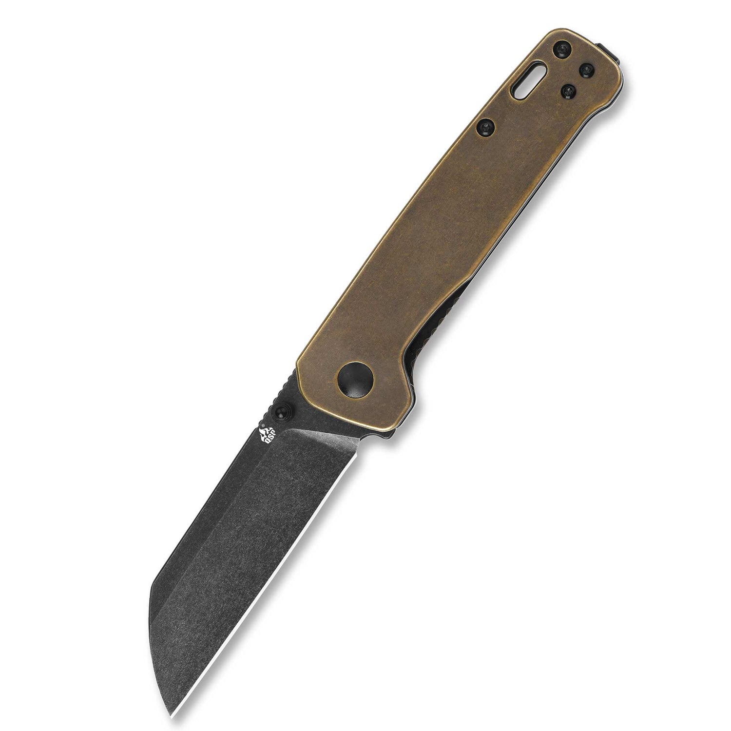 QSP Penguin D2 blade pocket knife with brass handle from a side angle