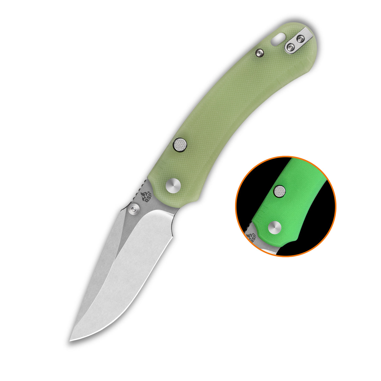 QSP Coyote Button Liner Lock Pocket Knife Nitro V blade Glow-in-the-Dark G10 handle