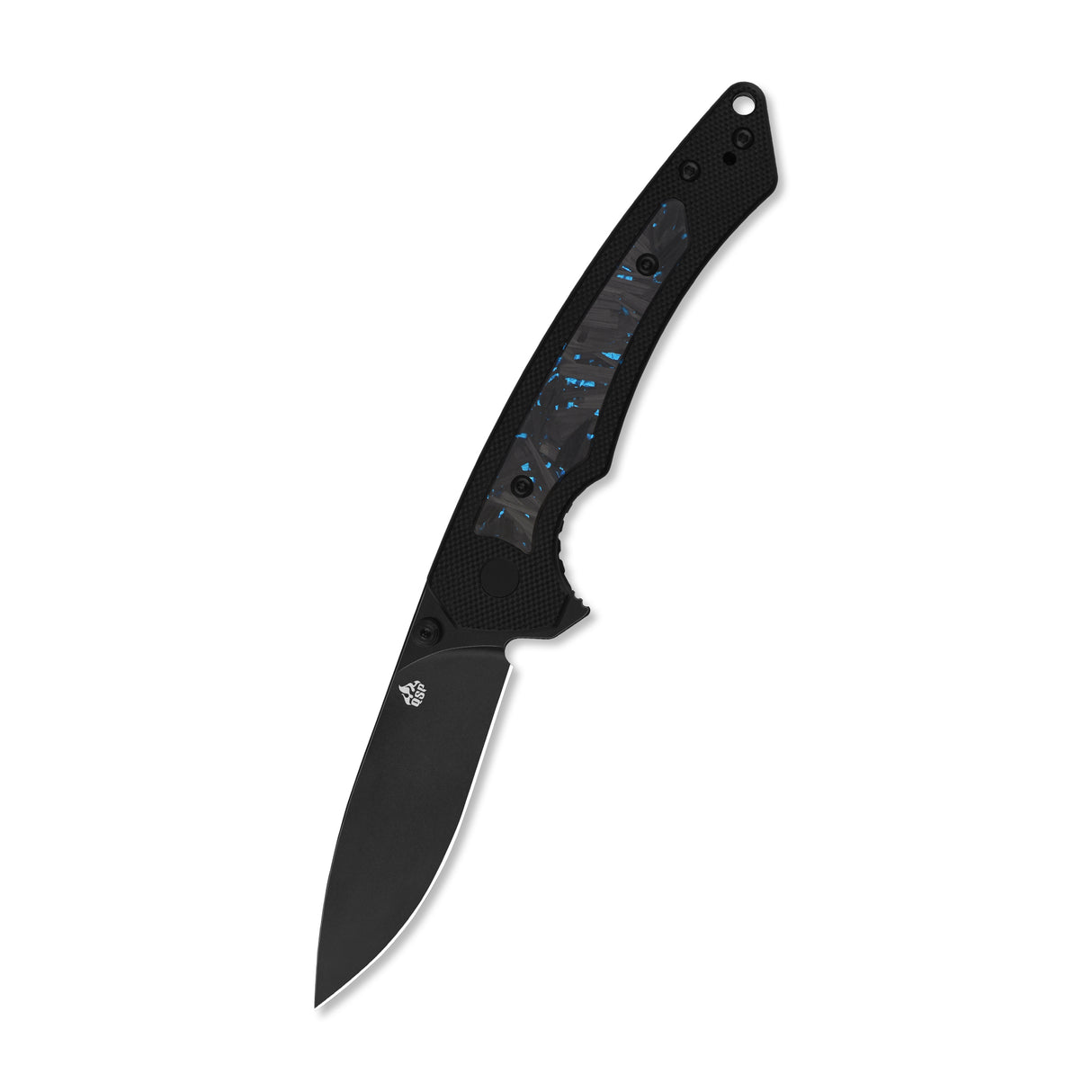 QSP Peregrine Liner Lock Pocket Knife 10Cr15MoV Blade Blue Shredded CF inlay Black G10 handle