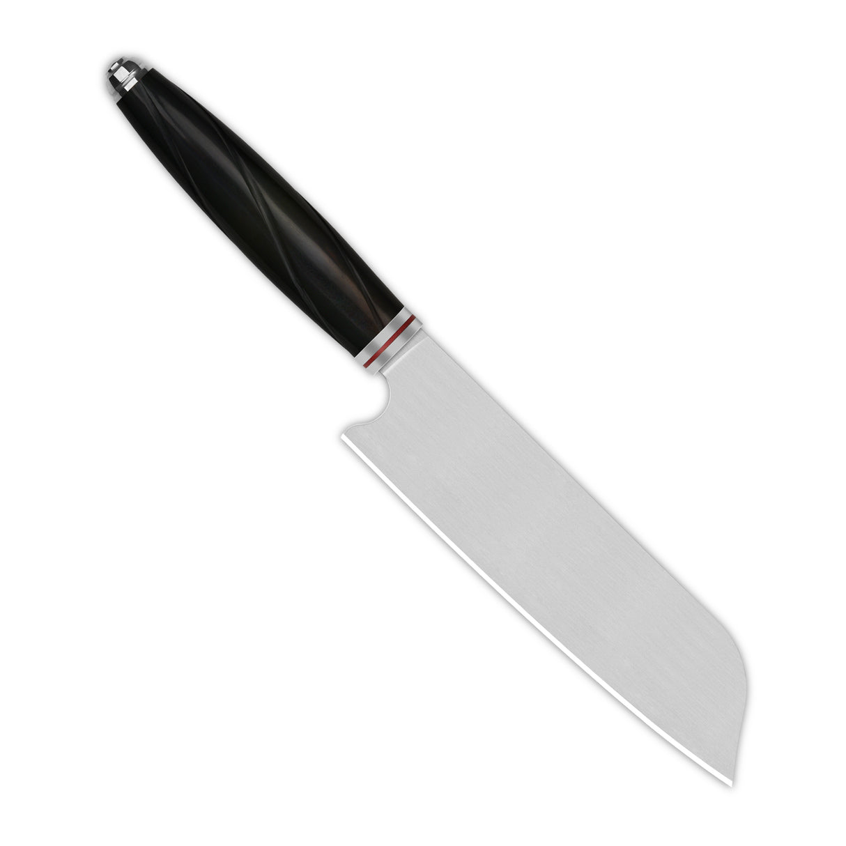 QSP Mulan Series Santoku knife with 14C28N blade and ebony wood handle.