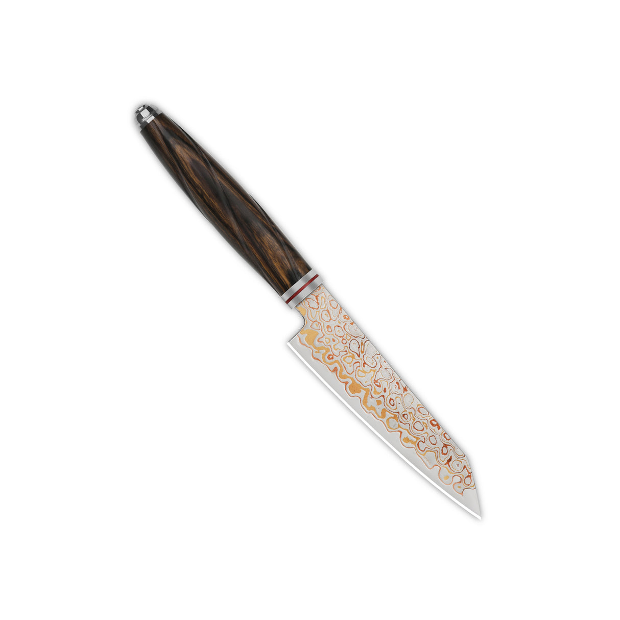 Kiritsuke kitchen knife with intricate Damascus blade and desert iron wood handle