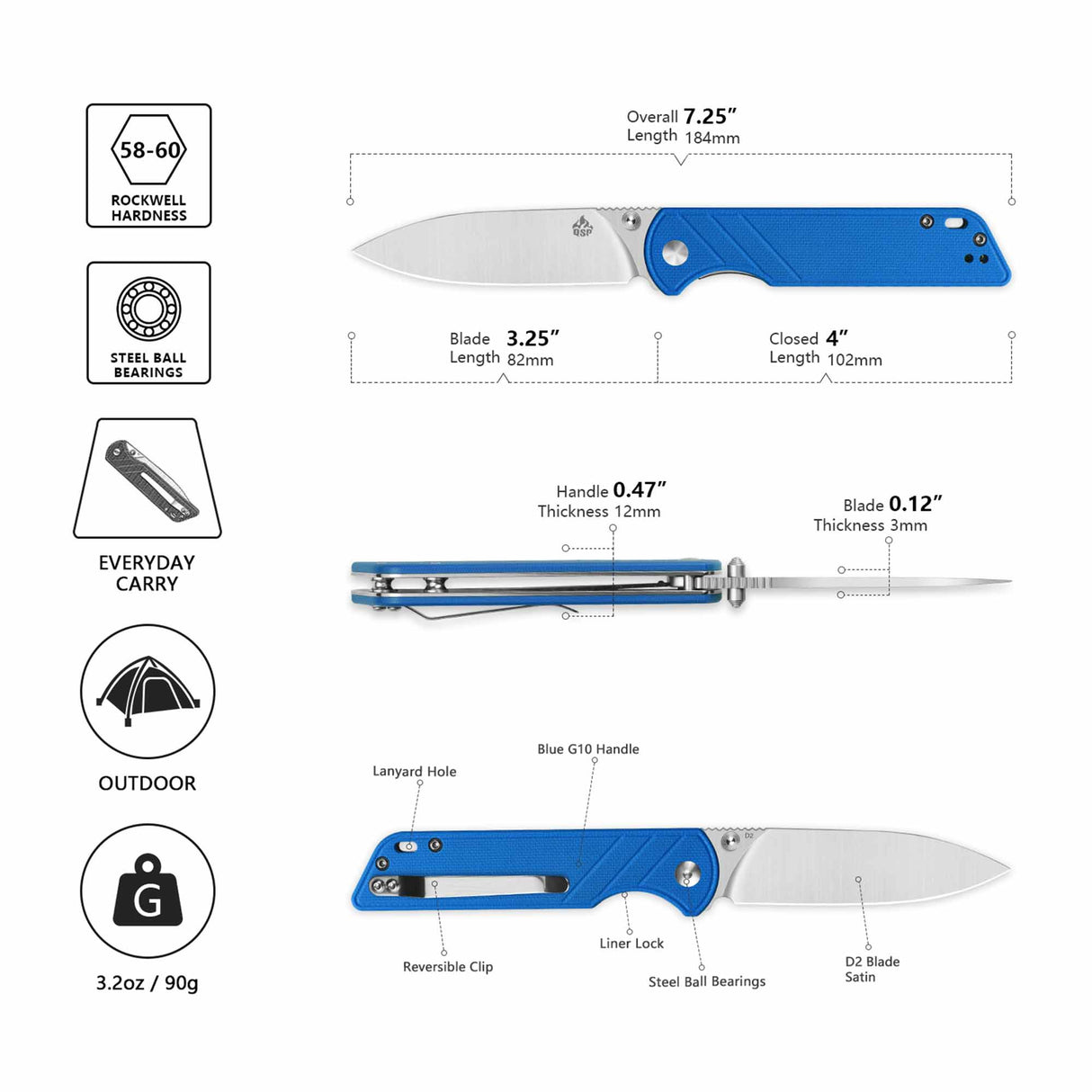 QSP Parrot V2 Liner Lock Pocket knife D2 Blade G10 Handle Ball Bearings