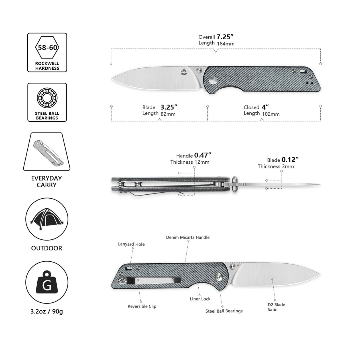 QSP Parrot V2 Liner Lock Pocket knife D2 Blade Micarta Handle Ball Bearings