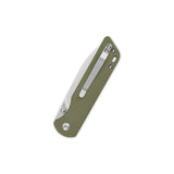QSP Parrot V2 pocket knife closed with green micarta handle and stainless clip.