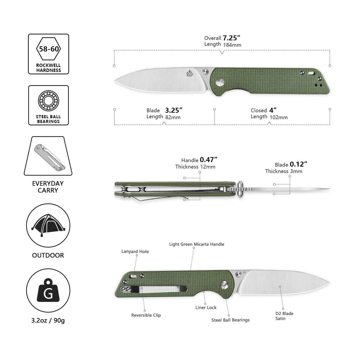 QSP Parrot V2 Liner Lock Pocket knife D2 Blade Micarta Handle Ball Bearings