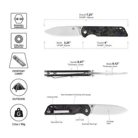 QSP Parrot V2 Liner Lock Pocket knife D2 Blade Shredded CF overlay G10 Handle Ball Bearings